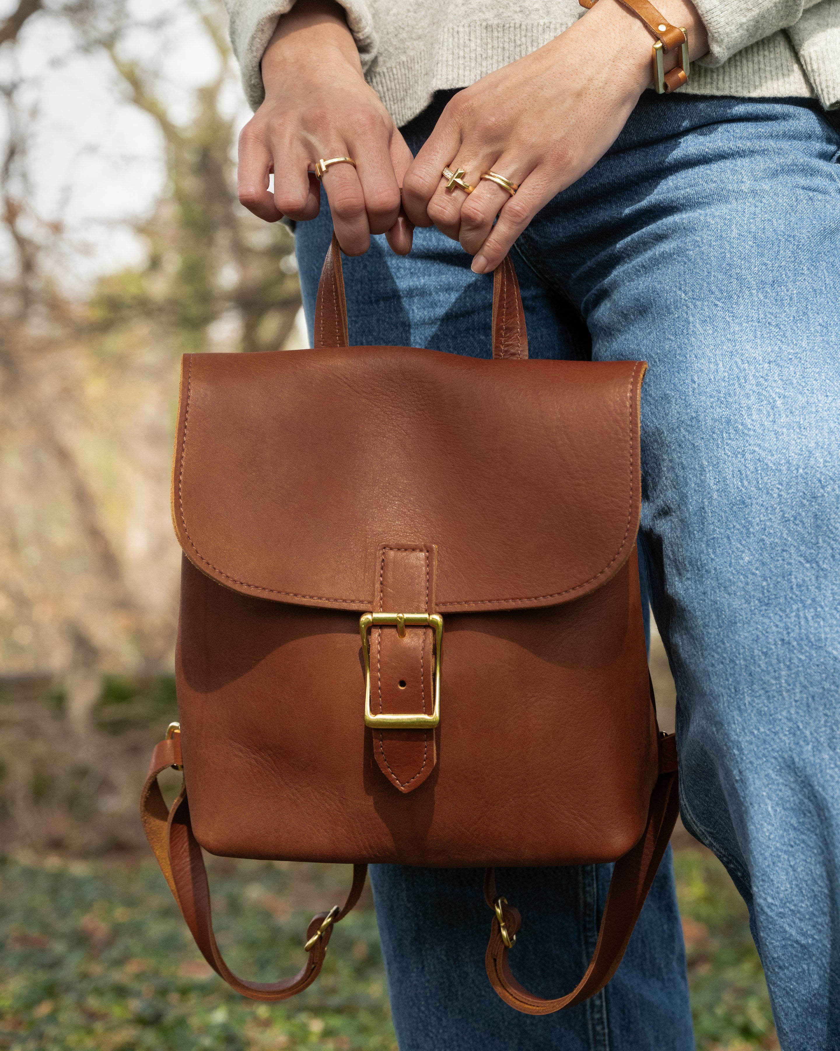 Field Pack handmade full-grain leather backpack in Saddle Brown