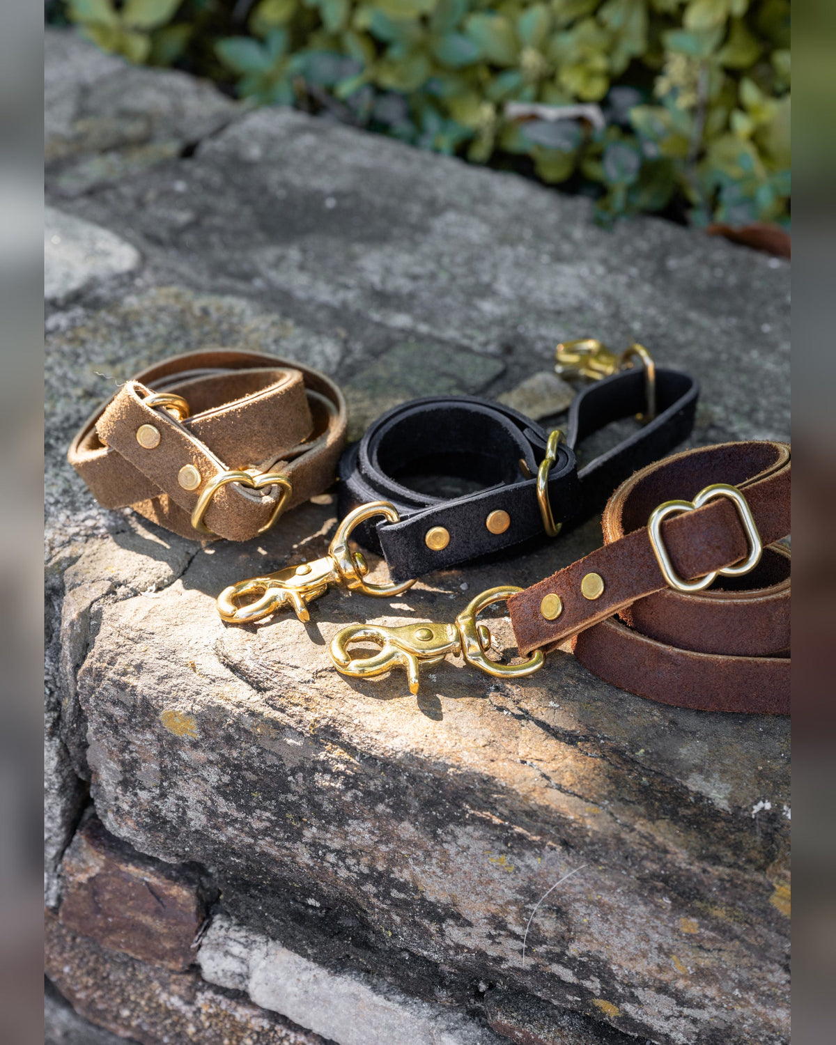 Leather Bridle Straps in assorted colors on a stone outdoors