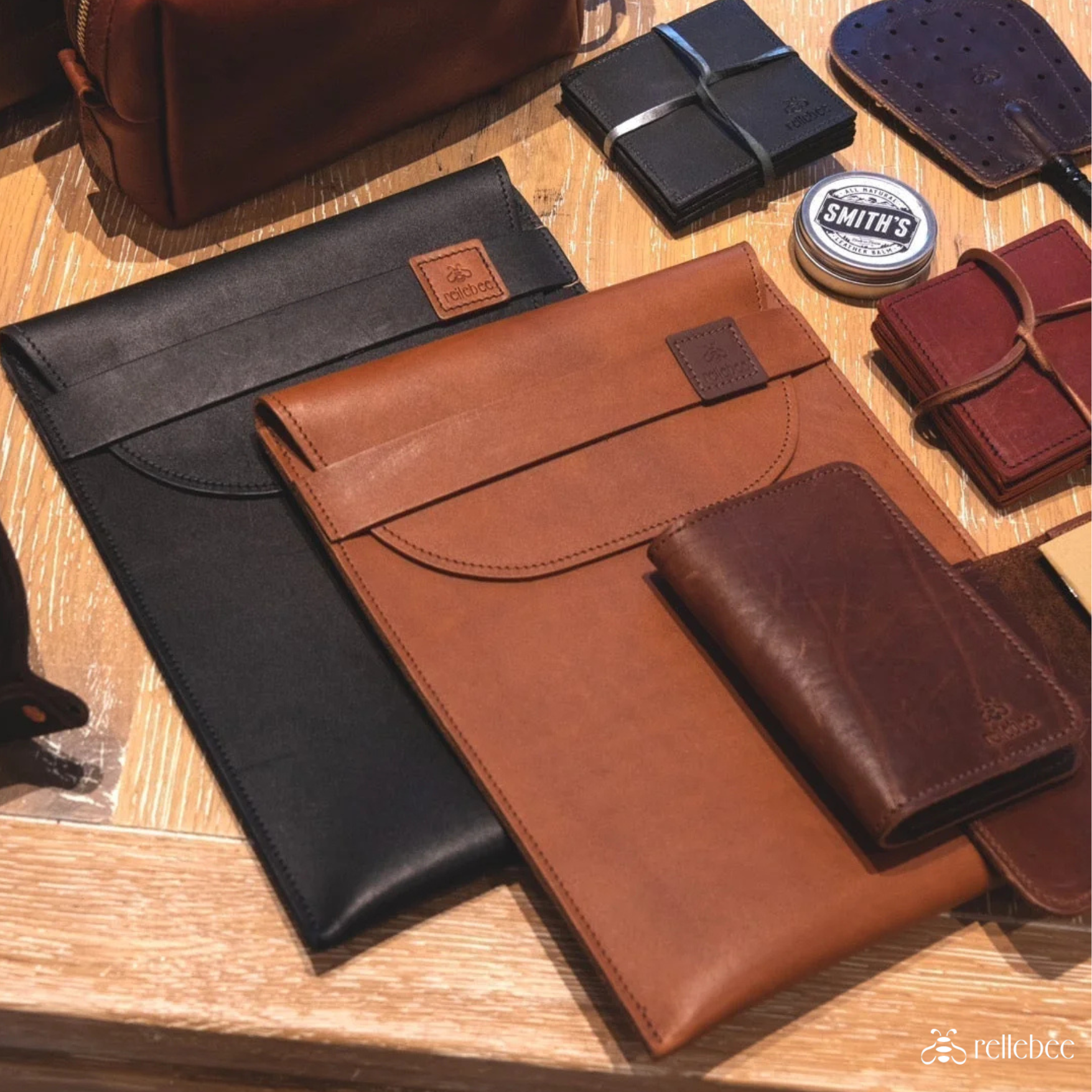 image of leather homegoods including a leather laptop sleeve
