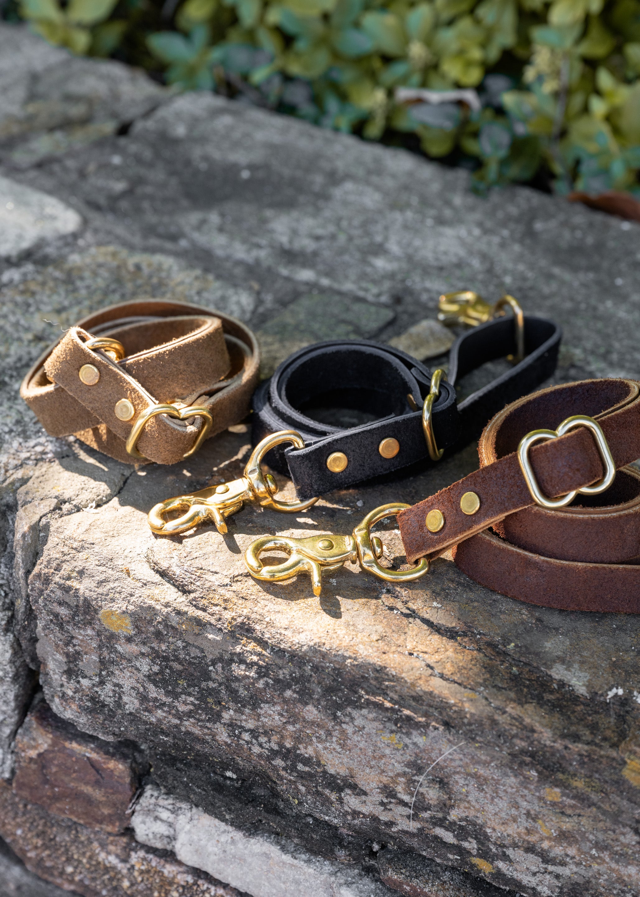 Image of the Leather Bridle Straps in assorted colors, outside perched on a stone. 