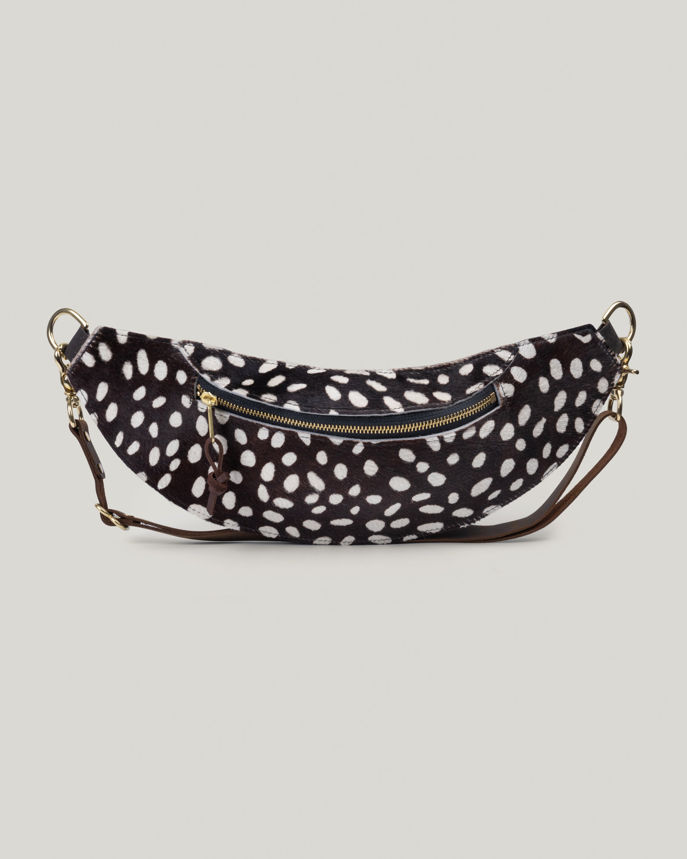 Horizontal image of the classic sling:Hair-on-hide in coco dot. 