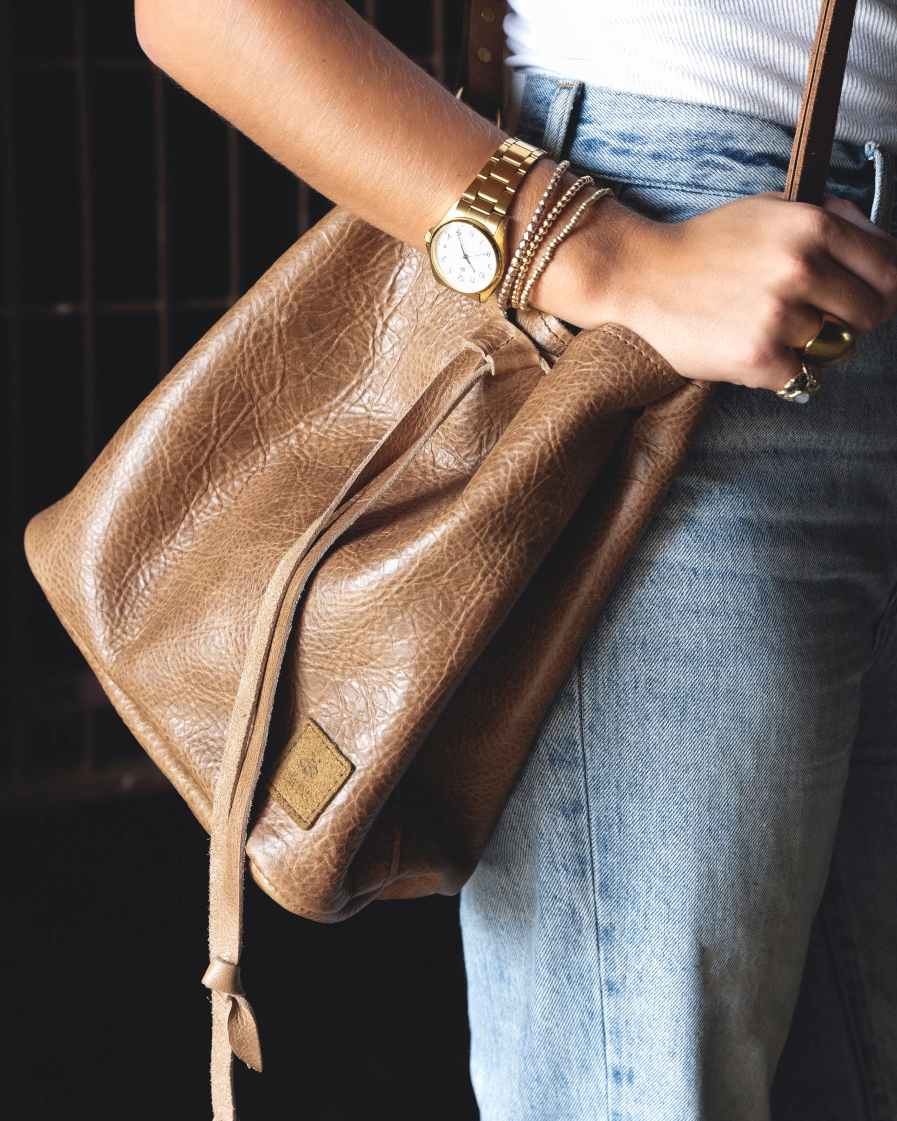 leather bucket bag and wrist 